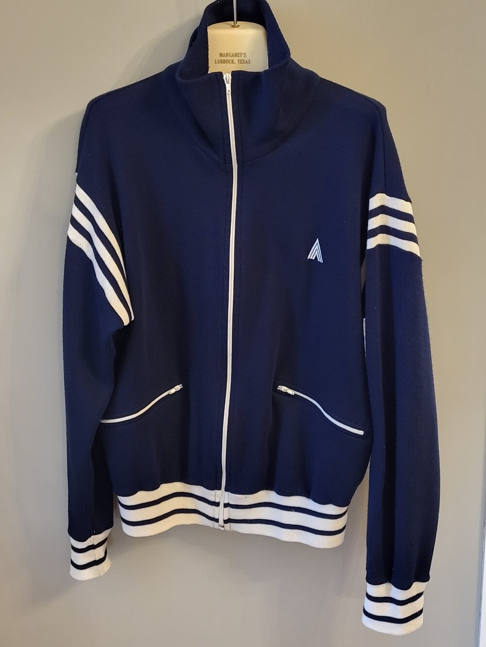 Antler Vintage 70s Acrylic Knit Track Suit Jacket Large Navy/White